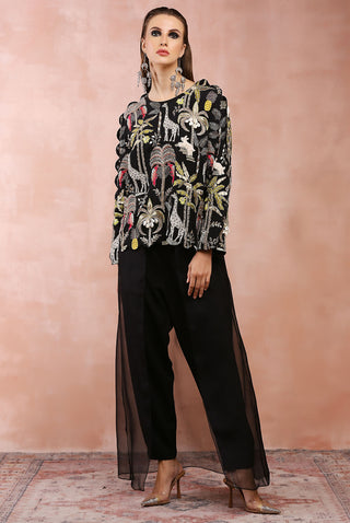 Black embroidered top and organza skirt pant