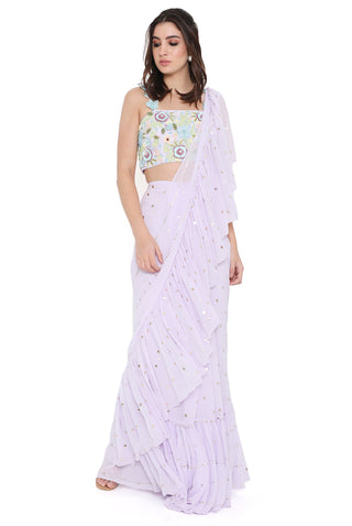 Lavender choli with pre-stitched ruffle saree