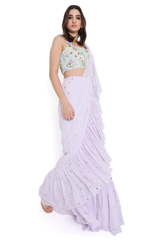 Lavender choli with pre-stitched ruffle saree