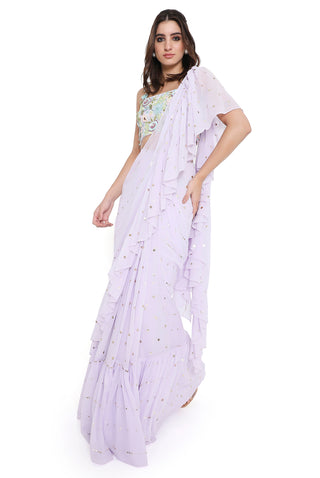 Lavender choli with pre-stitched ruffle saree