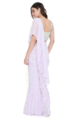 Lavender choli with pre-stitched ruffle saree