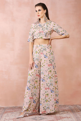 Rose pink nargis print top with palazzo