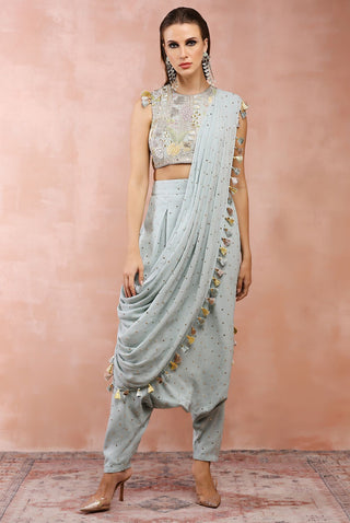 Powder blue embroidered choli and pant saree