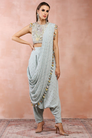 Powder blue embroidered choli and pant saree