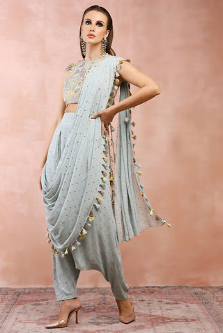 Powder blue embroidered choli and pant saree