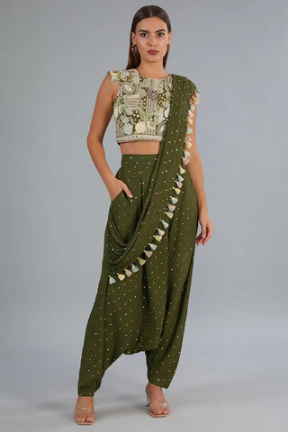 Olive green top with low crotch pant with attached drape