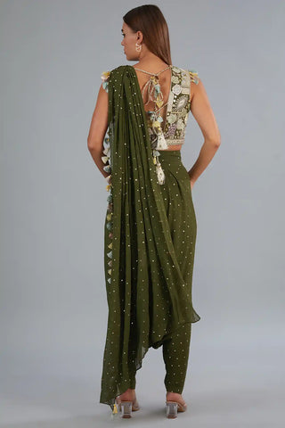 Olive green top with low crotch pant with attached drape