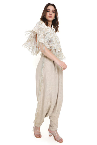 Offwhite embroidered cape, bustier and pant