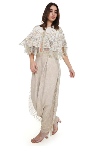 Offwhite embroidered cape, bustier and pant