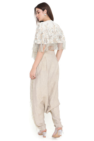 Offwhite embroidered cape, bustier and pant