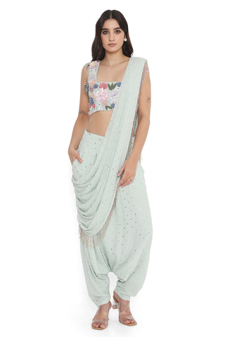 Sea foam embroidered choli with draped dhoti