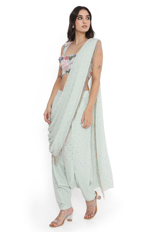 Sea foam embroidered choli with draped dhoti