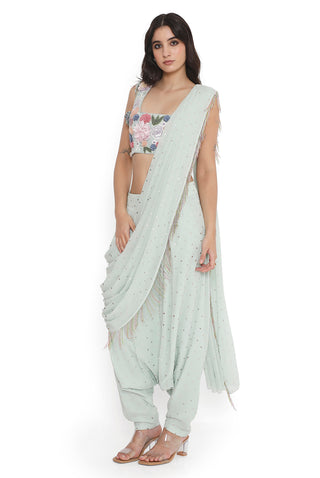 Sea foam embroidered choli with draped dhoti