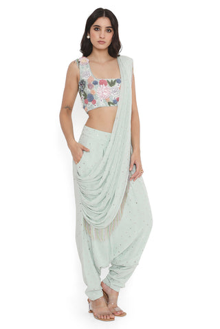 Sea foam embroidered choli with draped dhoti