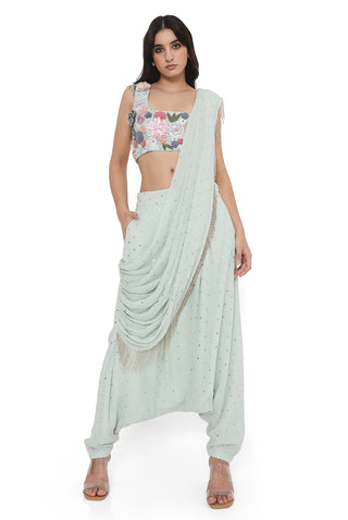 Sea foam embroidered choli with draped dhoti