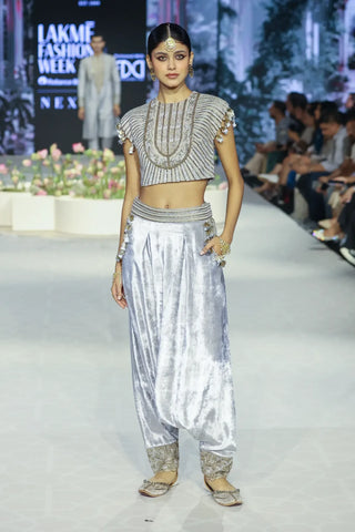 Gray embroidered boxy choli with low crotch pant