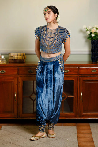 Navy blue embroidered boxy choli and low crotch pant