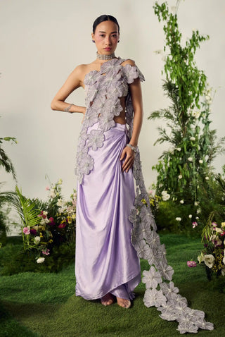 Lavender floral draped saree set