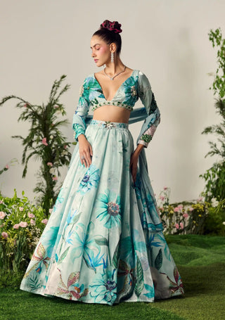 Blue floral printed lehenga set