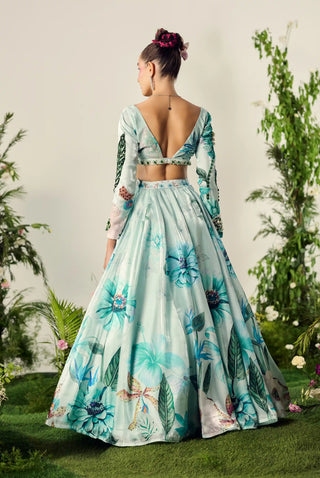 Blue floral printed lehenga set