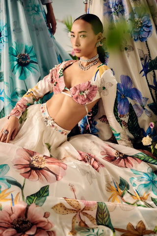 White pastel floral lehenga set