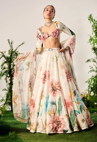 White pastel floral lehenga set