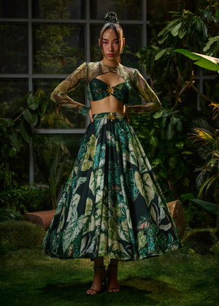 Forest green tropical printed lehenga set