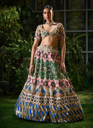 Multicolor velvet lehenga and blouse