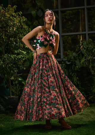 Red and green flared skirt and halter blouse