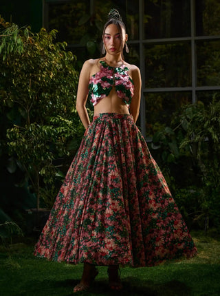 Red and green flared skirt and halter blouse