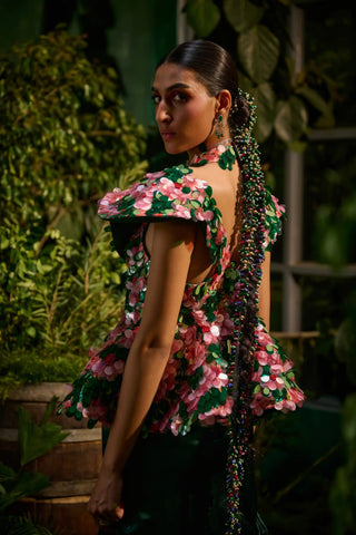 Green and red handcrafted top and draped skirt