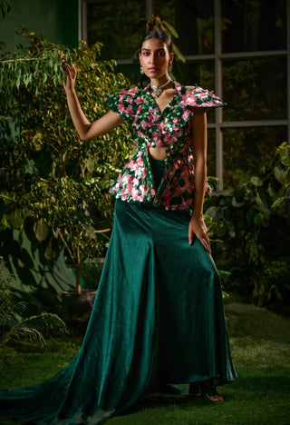 Green and red handcrafted top and draped skirt