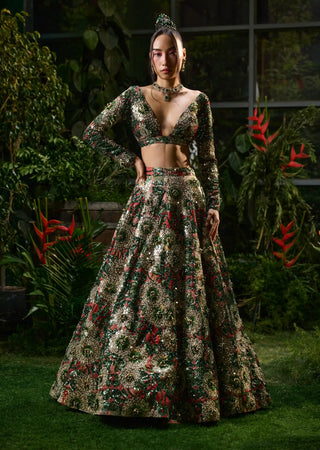 Forest green mirror embroidery lehenga and blouse