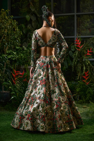 Forest green mirror embroidery lehenga and blouse