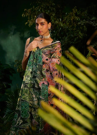 Green tropical forest saree set