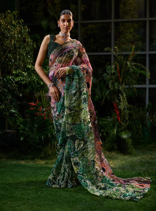 Green tropical forest saree set