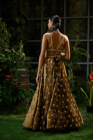 Brown copper velvet lehenga and blouse