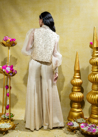 Ivory cutwork jacket and panelled pant set