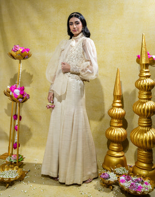 Ivory cutwork jacket and panelled pant set