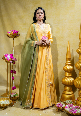 Yellow angarkha kurta and dupatta