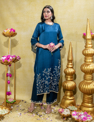 Midnight blue embroidered straight kurta set