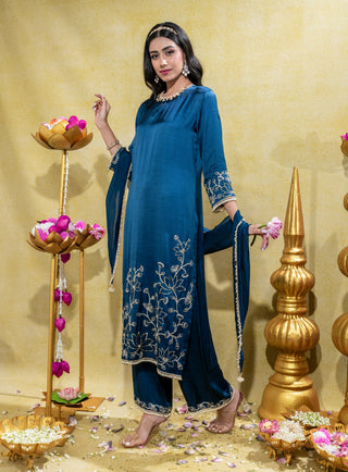 Midnight blue embroidered straight kurta set