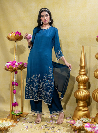 Midnight blue embroidered straight kurta set