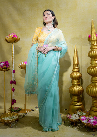 Aqua silk organza saree and blouse