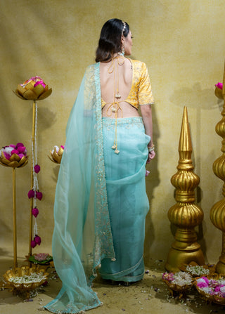 Aqua silk organza saree and blouse