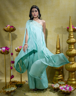 Aqua asymmetric tunic and palazzo set