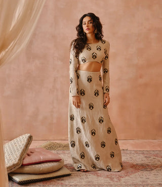 Crushed dull gold embroidered skirt and choli