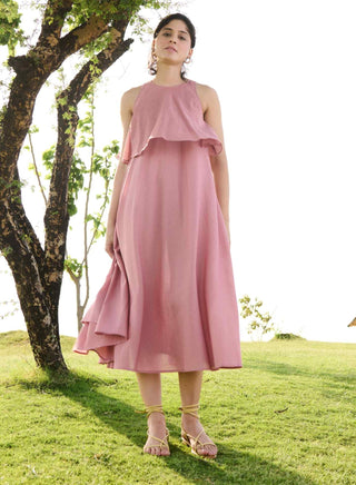 Salmon pink self stripes camellia dress