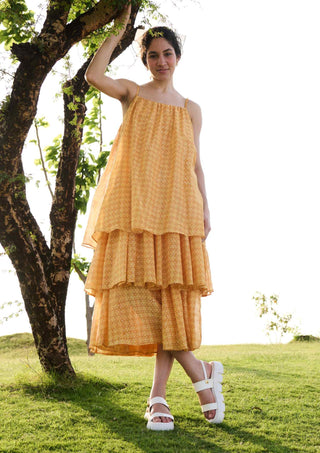 Yellow block print princess dress