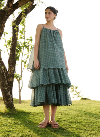 Greenish blue block print princess dress